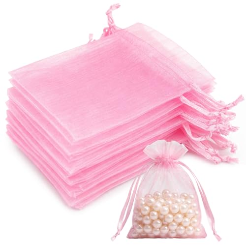 20 PCS Organza Gift Bags 7 x9 cm Clear Mesh Pouches Jewellery Bags Candy Mesh Pouches for Wedding Favours Christmas Birthday Anniversary Party Supplies Pink