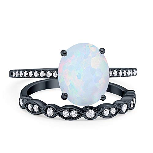 Black Tone, Lab Created White Opal Size-4 Two Piece Oval Wedding Engagement Bridal Set Ring Band Round CZ 925 Sterling Silver