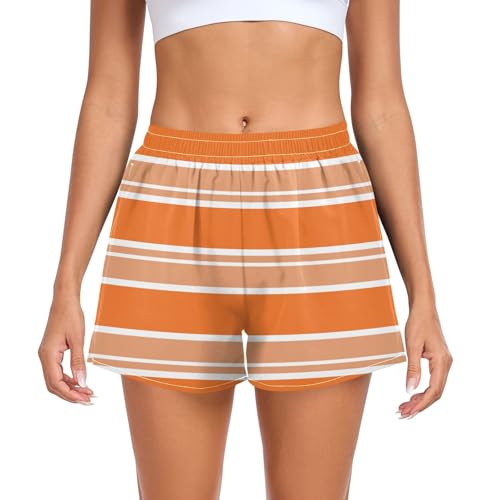 UMIRIKO Women's Running Shorts Orange and White Stripe Women's Athletic Shorts with Pockets XL 2300918