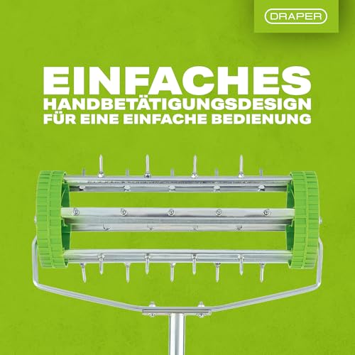 Draper Tools Roll-Rasenbelüfter mit Stachelwalze, 450 mm, durchdringt den Boden und verbessert die Drainage, verzinkte Stahl-Stachelwalze mit 27 festen Stacheln – Rasenpflege und Gartengeräte