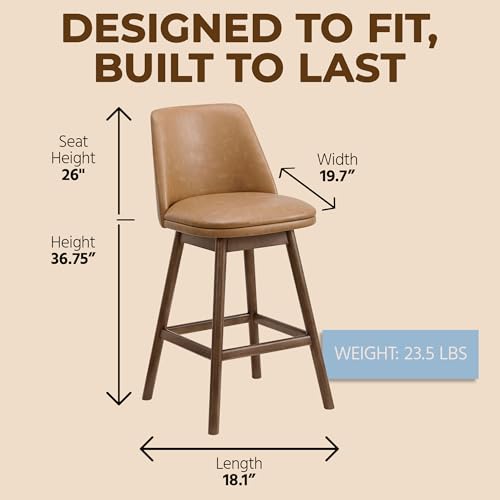 Image of ROME + OAK Set of 2 Rowan 26 Inch Swivel Counter Height Stool in Walnut Finish with Brown Vegan Leather Upholstery Seat - Kitchen or Dining Room Furniture