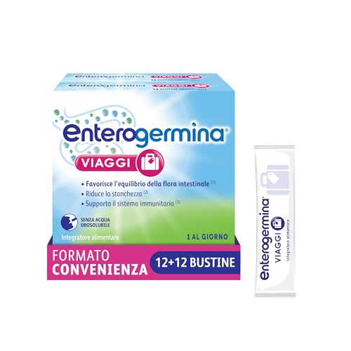 Enterogermina Viaggi, Vitamina b12, Vitamina d, Fermenti Lattici Probiotici, per Adulti - Integratori per Flora Intestinale in Viaggio, Stanchezza e Sistema Immunitario (24 Bustine Gusto Fragola)