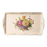 YOLIFE Ceramic Tea Serving Tray, Floral with Gold Leaves Trim Decorative Platter for Tea Party - 13.5 x 7.5 inch