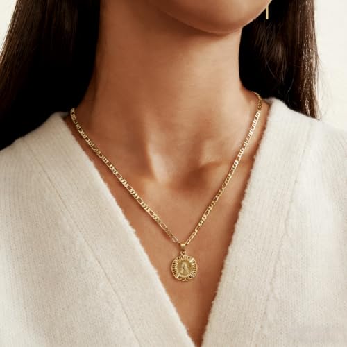KissYan Initial Necklace for Women,14K Gold Plated Round Letter Pendant Necklace Capital Monogram Necklace Alhpabets from A-Z Figaro Chain Necklace(Gold T) - Thumbnail 2