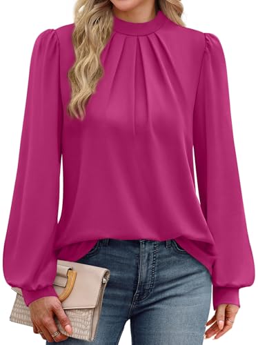 Image of WIHOLL Long Sleeve Shirts for Women Mock Neck Tops Pleated Front Blouses Dressy Casual Spring Fall Clothes 2026 Fashion