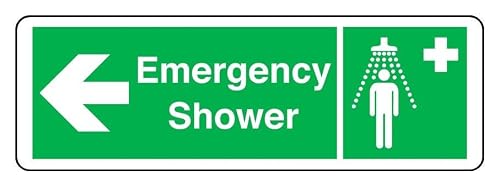 Image of Emergency shower arrow left - safety sign - 1.2mm Rigid plastic for indoor/outdoor usage (600mm x 200mm) Viewing Distance within 14m.