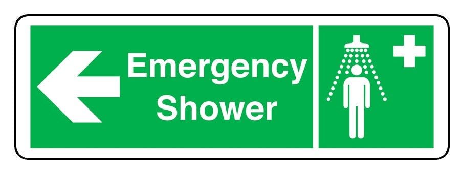 Emergency shower arrow left - safety sign - 3mm Aluminum Dibond for indoor/outdoor usage (450mm x 150mm) 5m Viewing Distance.