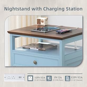 Farmhouse Nightstand with Charging Station, 24" Wide End Table with 2 Drawers, Light Blue Dresser for Bedroom,Wood Bed Side Table Chest of Drawers Cabinet,Night Stand for Living Room,Closet