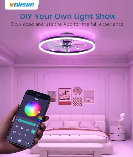 Image of VOLISUN RGB Ceiling Fan with Lights and Remote, 23.6in Low Profile Ceiling Fan Flush Mount, 3000K-6500K Dimmable Fandelier LED Fan Light, Black Bladeless Ceilings Fans for Bedroom