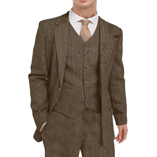 Men's Tweed Herringbone Suit 3 Piece Retro Slim Fit Prom Wedding Groom Tuxedos Set Brown Blazer Vest Pants