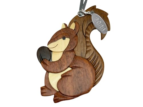 Squirrel Ornament 2026 Two-Tone Wood Christmas Ornament - Handcrafted Wood Intarsia Design - Comes in A Gift Box So It's Ready for Giving