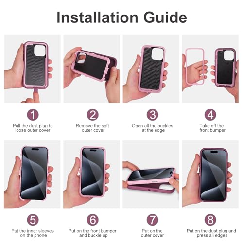 COOYA for iPhone 15 Pro Case Full Body Drop Protection Rugged Case Shockproof 3-Layer Heavy Duty Hybrid Non-Slip Rubber Phone Cover Front Bumper Armor Hard Shell for iPhone 15 Pro 5G 6.1 Inch Pink by COOYA - Image 7