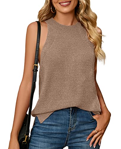 Bettysays Womens Summer Loose Knit Vest Sleeveless Halter Neck Sweater Tank Tops(Medium,Khaki) #TOP9