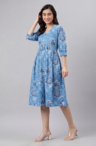 Image of Janasya Women's Cotton Solid Flared Dress
