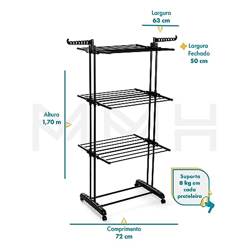 Varal De Chão Vertical 3 Andares Reforçado Grande Prateleira Dobrável Preto
