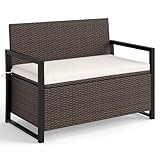 COSTWAY 2 Seater Garden Storage Bench, PE Rattan Deck Box Seat with 150L Box and Padded Cushion, Wicker Outdoor Loveseat Park Bench Chair (Mix Brown)