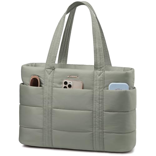 LOVEVOOK Laptop Handtasche Damen, 15,6 Zoll Shopper Tasche Puffer Tote Bag Arbeitstasche, Groß Lehrertasche Schultertasche Bürotasche Aktentasche Women Handbags für Uni Business Schule, Grün