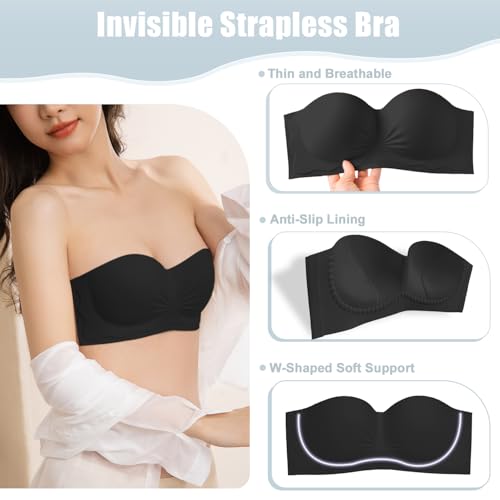 D.Duo Strapless Bras, Adhesive Push Up Bras, Backless Bra, Wirefree Non-Slip Invisible Tube Top For Women (Black, C) - 2