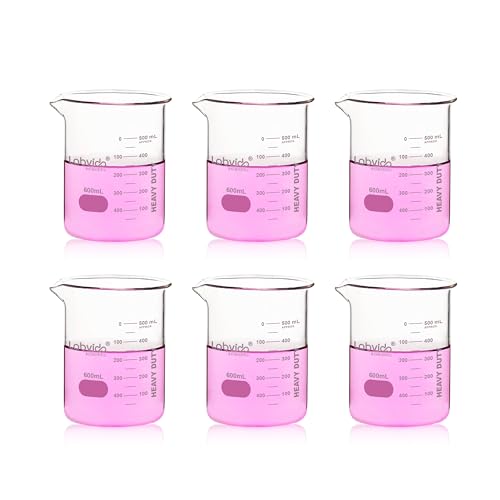 6pcs 600ml Upgrated Thick Glass Beakers, Griffin Low Form Beaker Set with Double Scale, 3.3 Boro, LVA030