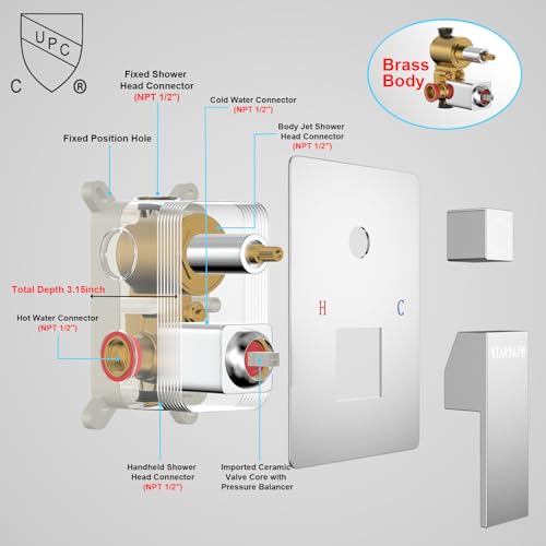 Shower System with 6 Body Jets, STARBATH Shower Jets System in Wall 12 Inch Rain Shower and Handheld Spray Brass Shower Faucet Set Full Body Shower System, Chrome
