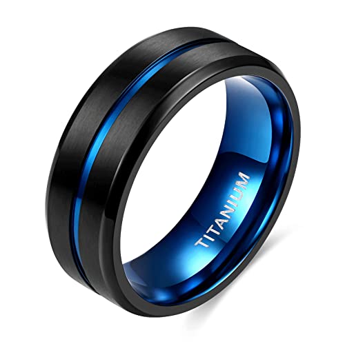 Tigrade Titanium Ring 6Mm 8Mm Blue Centre Groove Wedding Band Comfort Fit Matte For Men Women (8Mm, 10) #TOP1