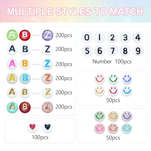 Image of Looconi 1500 Pieces 6 Colors Letter Alphabet Beads and Number Heart Beads Round Flat and Crystal Line for Jewelry Making