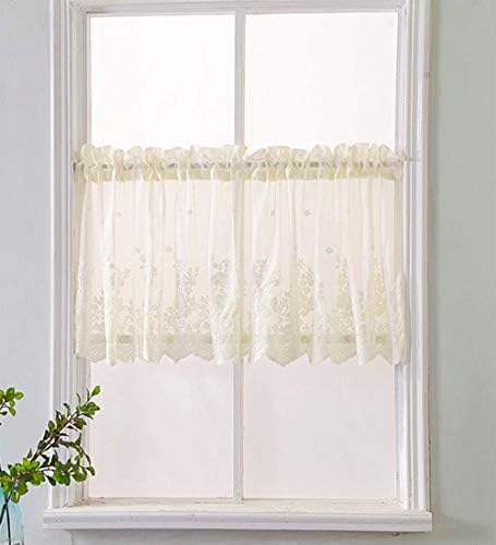Topmodehome Kitchen Window Tier Curtains 58x36inch, Flower Lace Sheer Curtain Set 2 PanelsWindow Kitchen Cafe Curtains Pocket Window Treatment for Dinning Living Room Bedroom(2pcs Beige 29x36)