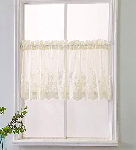 Topmodehome Kitchen Window Tier Curtains 58X36Inch, Flower Lace Sheer Curtain Set 2 Panelswindow Kitchen Cafe Curtains Pocket Window Treatment For Dinning Living Room Bedroom(2Pcs Beige 29X36) #TOP11