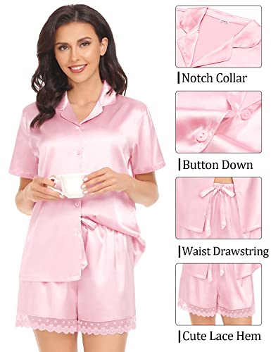 Swomog Brides Pajamas Sets Satin Pajamas Womens Short Sleeve Sleepwear Soft Silky 2 Piece Loungewear Pjs Short Pajama Set Pink #TOP4