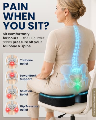 Image of 5 STARS UNITED Seat Cushion - Memory Foam Chair Cushion for Tailbone Pain Relief - Ergonomic Support for Coccyx, Sciatica & Butt - Office, Desk & Gaming Chair, Car Seat, Wheelchair, Airplane, Black