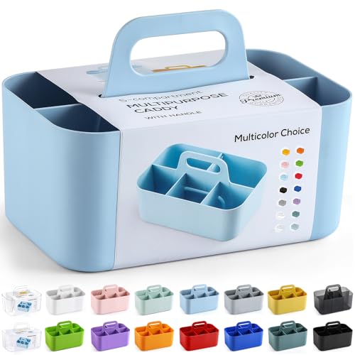 5コンパートメント キャディオーガナイザー ハンドル付き 積み重ね可能なプラスチックビンバスケット 分割ストレージホルダー アートクラフト用品 化粧台メイク 浴室 シャワー 掃除 キッチン オフィス デスクトップ ブルー