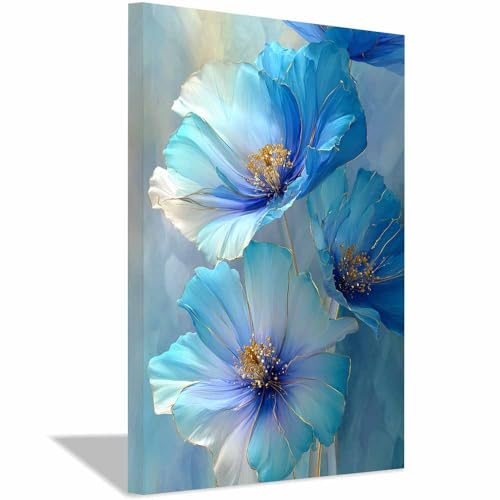 Tableau sur toile coquelicots bleus pour déco de chambre romantique