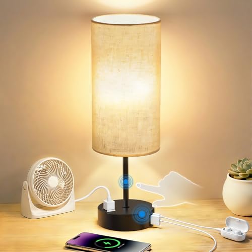 Image of Table Lamp for Bedroom, High-Sensitivity Touch, AC Outlet, USB A+C