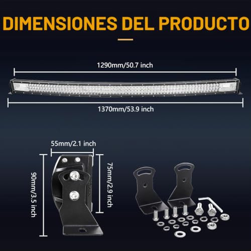Barra de luz led curva de 132 cm y 675W con kit de cableado remoto de 12V para coche 4x4 2
