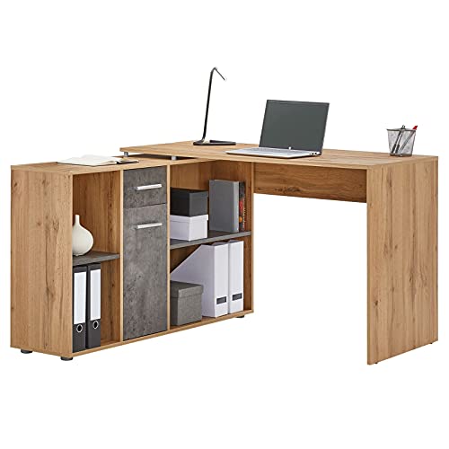 CARO-Möbel Eckschreibtisch Diego mit Stauraum, Wotan Eiche/Beton - Schreibtisch in L-Form für das Homeoffice, moderner Bürotisch mit Regal und Ablagefach, Computertisch