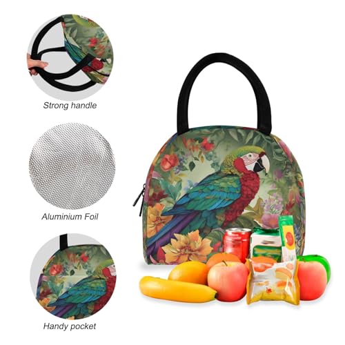 Backpack Lunch Box Set Large Capacity Travel Backpacks and Insulated Lunch Bag for Commute Hiking Picnic Flowers and Parrot Print4