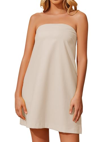 Meladyan Women’s Summer Tube Dress Strapless Backless Mini Tube Dress Smocked Cut Out Relaxed Mini Dresses with Pockets Beige