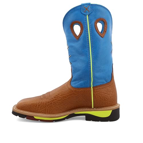 Twisted X Men's 12" Western Work Boot, Square Toe Steel Toe, Brown Oiled Shoulder & Neon Blue, 13 EE2