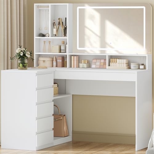 Image of Hzuaneri Corner Dressing Table with LED Lighting, Large Mirror, 5 Drawers