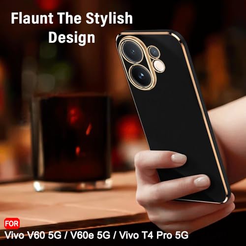 Image of TheGiftKart Luxurious Golden-Plated Back Cover Case for Vivo V60 5G / V60e 5G / Vivo T4 Pro 5G | Raised Lips for Camera & Screen Protection | Shockproof Design | Stylish Back Cover Case (TPU, Black)
