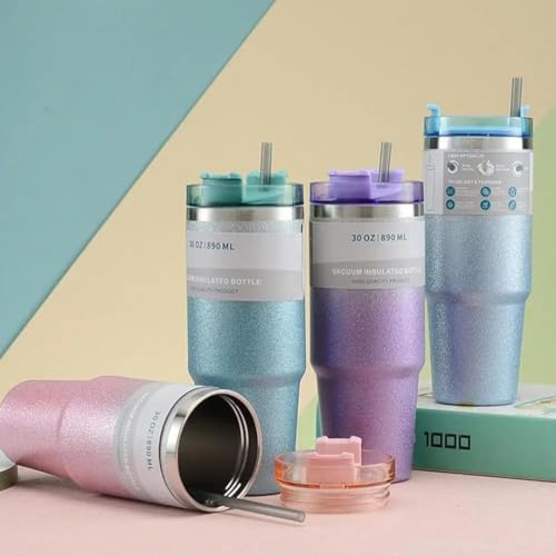Copo Térmico Grande De Parede Dupla Com Tampa E Canudo Capacidade 890 ML Aço Inoxidável Isolado A Vá