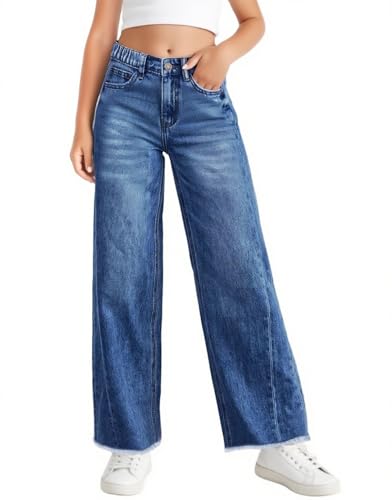 Haloumoning Girls Wide Leg Jeans Kids Elastic High Waisted Raw Hem Denim Pants with Pockets 5-14 Years Navy Blue