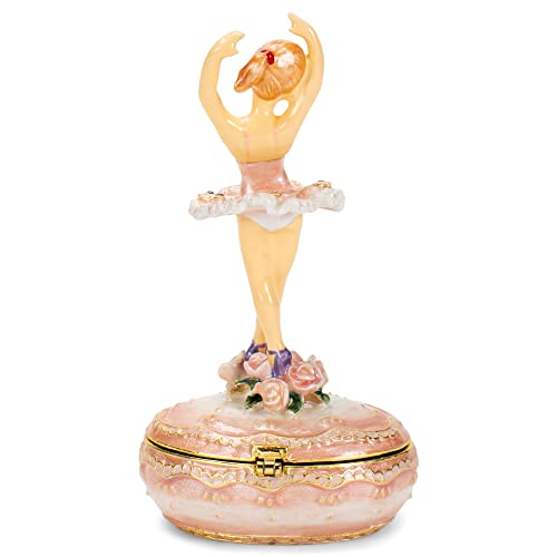Cottage Garden Hand Painted Metal Enamel Hinged Trinket Box Ornamental Mini Jewelry Ring Earring Organizer Vintage Collectible Figurine Keepsake Box With Bejeweled Crystals, Floral Pink Ballerina #TOP1