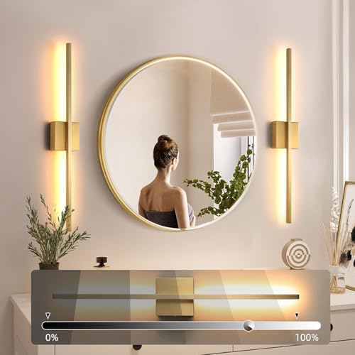 Image of Wall Sconces Set of Two, LED Dimmable Sconces Wall Lighting, Brushed Gold Modern Wall Sconce Light for Bathroom, Living Room, Bedroom, Hardwi