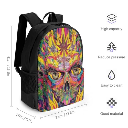 Backpack with Zippered Side Pockets, Unisex Trippy Weed Leaf Skull Art Breathable Backpack for Hiking, Gym, Fashion Adjustable Shoulder Bag2