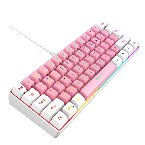 ROCK POW 60% Wired Gaming Keyboard, RGB Backlit Ultra-Compact Mini Keyboard, Waterproof Small Compact 61 Keys Keyboard for PC/Mac Gamer, Typist, Travel, Easy to Carry on Business Trip(White Pink)