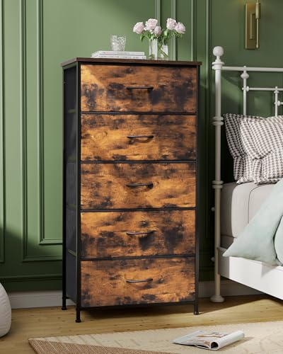 Crestlive Products Vertical Dresser Storage Tower - Sturdy Steel Frame, Wood Top, Easy Pull Fabric Bins - Wide Organizer Unit for Bedroom, Hallway, Entryway, Closets - 5 Drawers(Rustic Brown) - Thumbnail 2