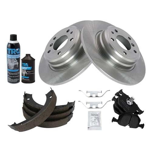 Image of TRQ Rear Brake Pad & Rotor Kit, with Chemical Kit Parking Brake Shoe Set Semi-Metallic Compatible with 1995-2001 BMW 740i 740iL