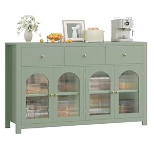 FINETONES Buffet Cabinet with Storage, 55.1″ Large Sideboard Buffet, Farmhouse Kitchen Cabinet with 3 Drawers and 4 Doors, Wood Coffee Bar Table for Kitchen, Green