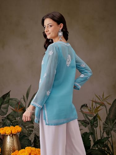 Image of Ada Women's & Girl's Georgette Hand Embroidered Lucknow Chikankari Regular Fit Short Kurti Top with Slip A911300